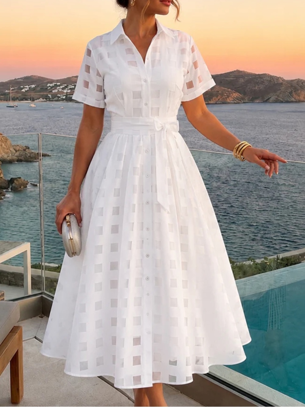 Elegant White Button Down Belted Shirt Dress with a Belt - NWOT - Size S